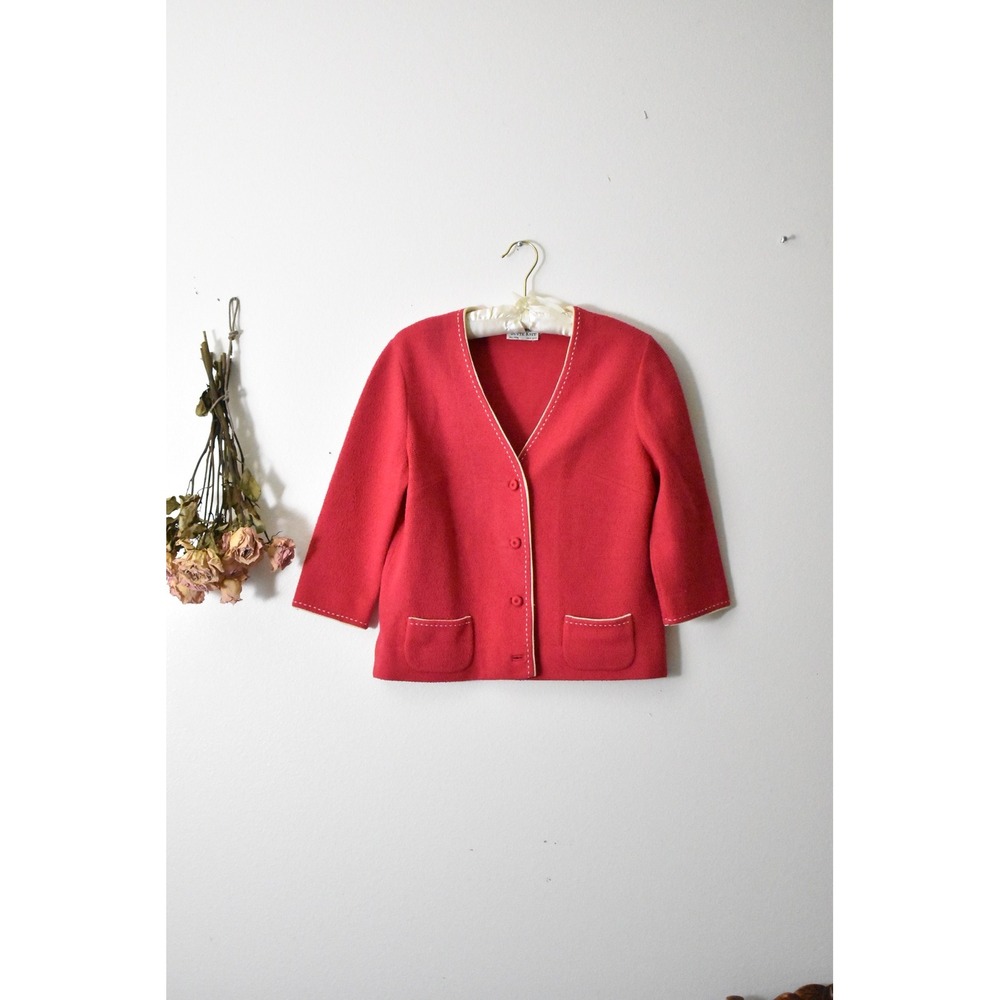Vintage 50 Butte Knit Red 100% Wool Cardigan Sweater Pick Stitch Contrast Trim M